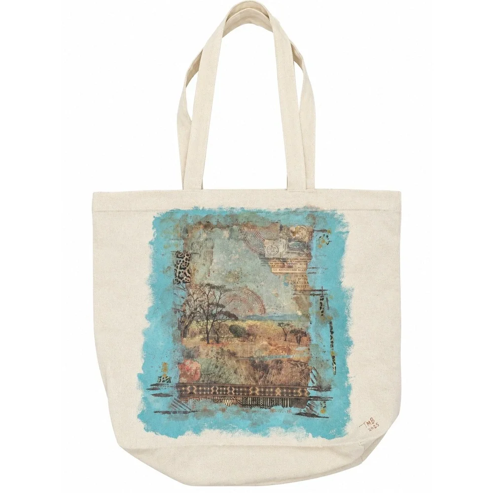 Decoupage Canvas Tote Bag African Savanna Wildlife Elephant Giraffe Boho Art